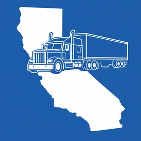 california state outline put it on a solid color behind it and show an outline of a semi truck on top