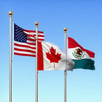 flags of USA, Canada Mexico with all 3 showing maybe blowing in the wind